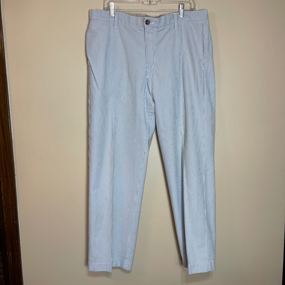 IZOD Mens Blue White Seersucker Stripe Cotton Flat Front Pants 36x30 Regular Fit